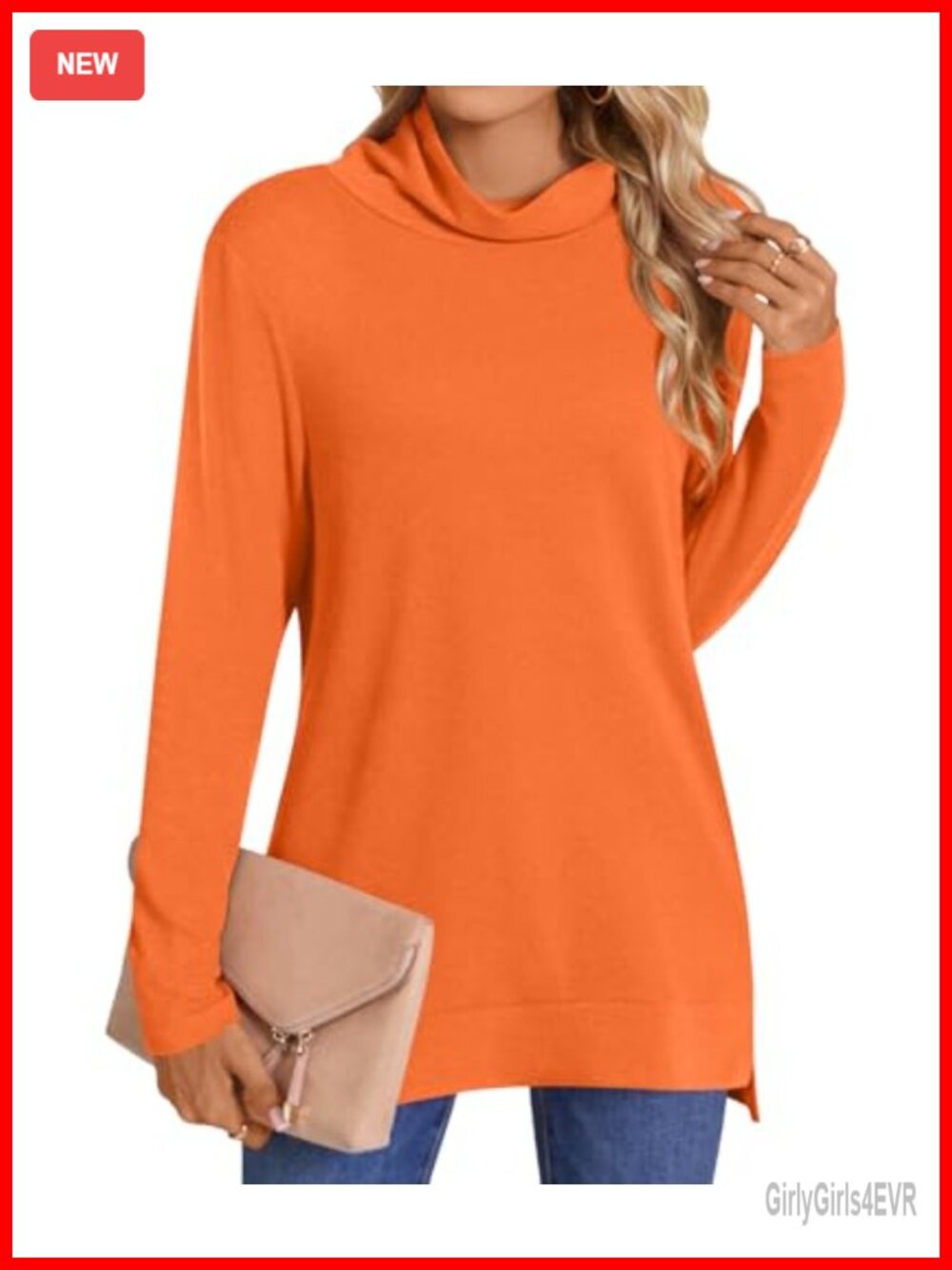 Long Sleeve Turtleneck Tunic Sweater Lightweight Stretchy Side Split High Low
